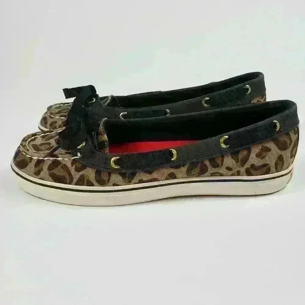 Sperry Top Sider Boat Shoes Leopard Tan Black White Gold Ribbon Laces Size 6M - Picture 8 of 15
